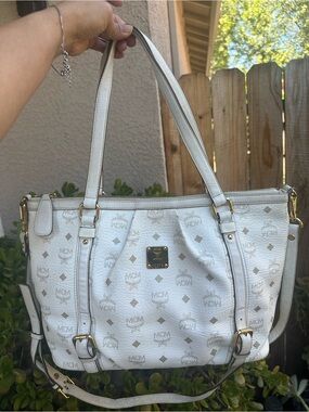 MCM White Visetos Coated Canvas Shoulder Bag with Gold Hardware